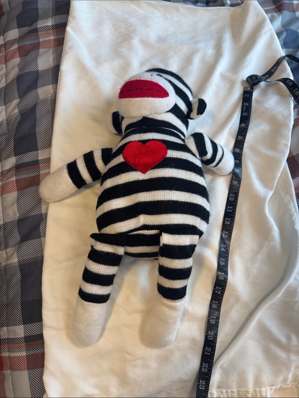Striped Sock Monkey Plush with Red Heart